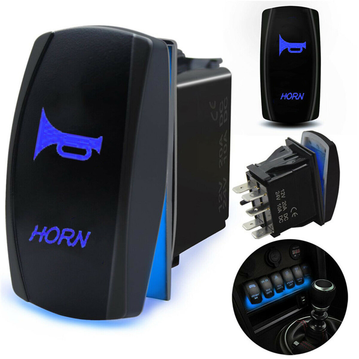 Rocker Switch Blue LED Horn Toggle Rocker On Off Switch Speaker Push Button Car
