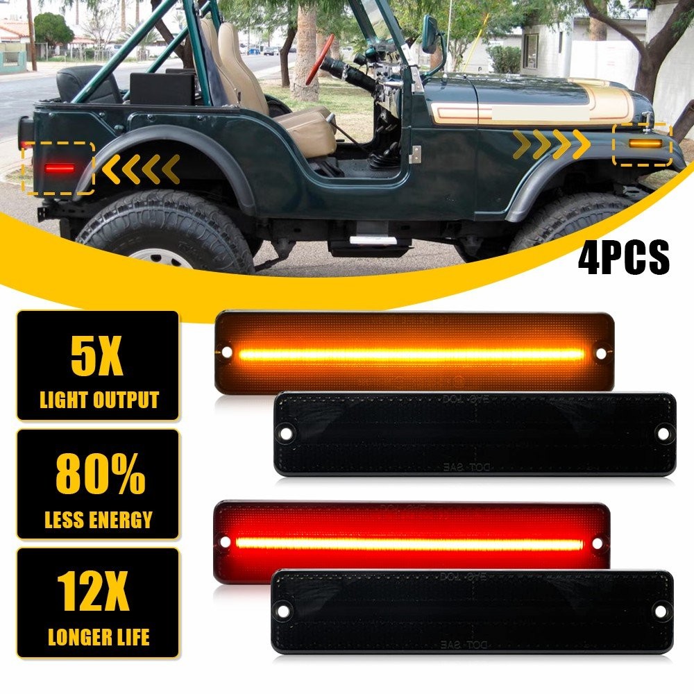 4PC for 1972-1983 Jeep CJ5 Front Rear Amber Red LED Side Marker Light Left Right
