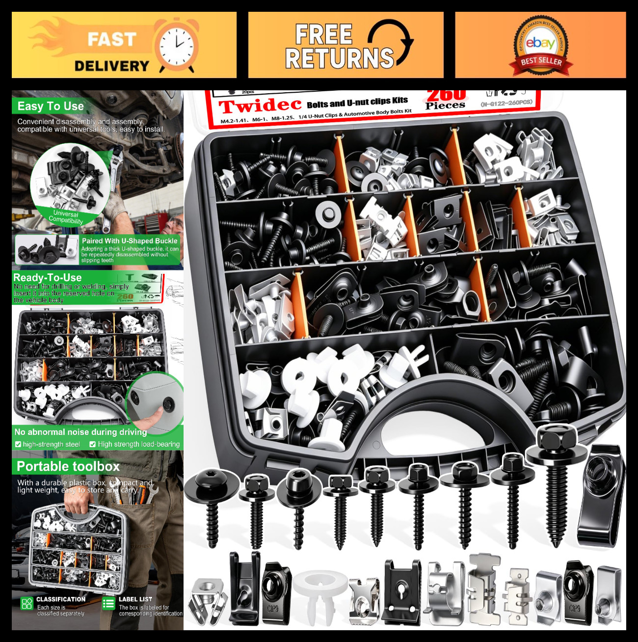 260PCS Automotive Body Bolt & U-Nut Clips Assortment Kit – 21 Sizes, Universal F