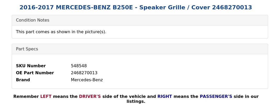 2016-2017 MERCEDES-BENZ B250E – Speaker Grille / Cover 2468270013