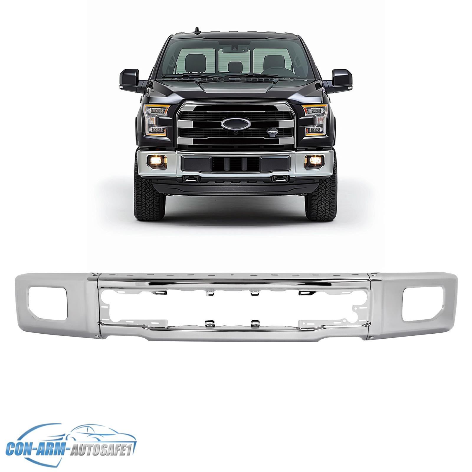 Chrome Steel Front Bumper Face Bar For 2015-2017 Ford F-150 w/ Fog Light Hole
