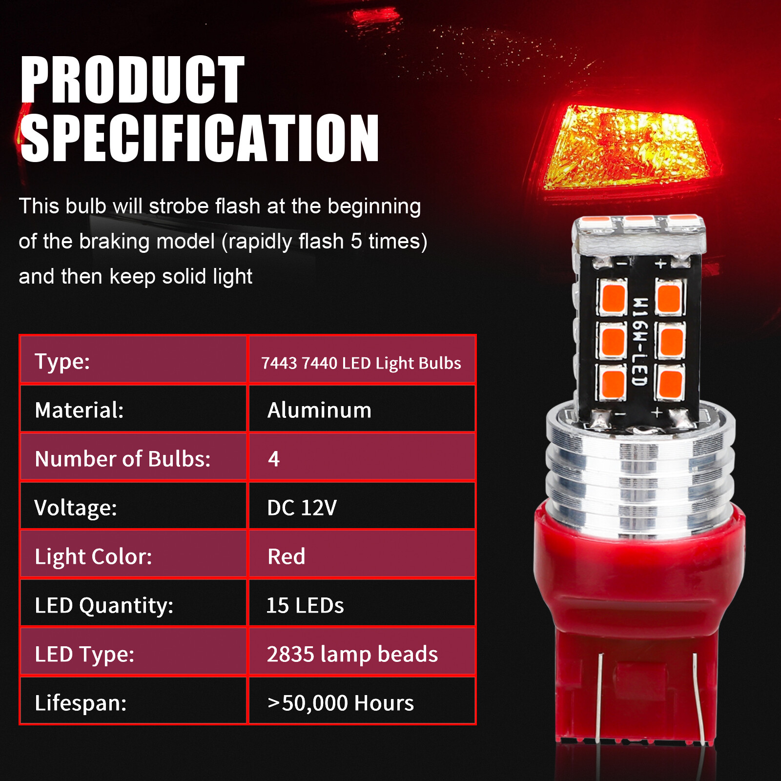 4PCS 7443 7440 LED Red Strobe Flash Blinking Brake Stop Tail Parking Light Bulbs