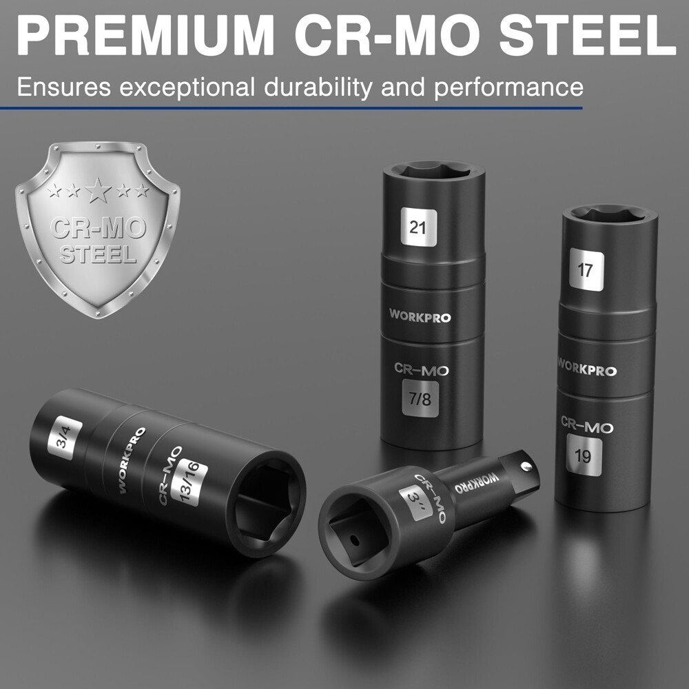 WORKPRO 4PC Impact Socket Set 1/2″ Dr Lug Nut Wheel 3″ Extension Bar Flip Socket
