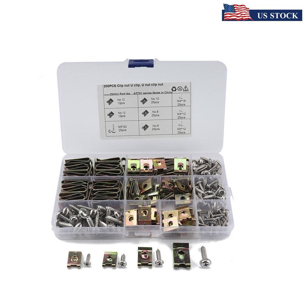 200x U Type Nuts Car Door Panel Fastener Clips w/ Flange Self Tapping Screws Set