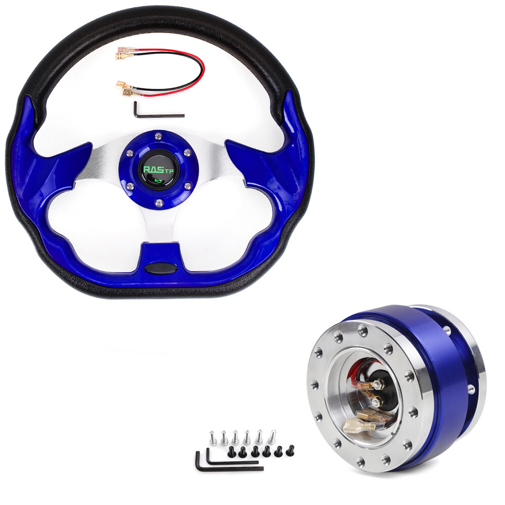 12.5″ Universal Blue D Shape Racing Steering Wheel w/ Quick Release Adapter Kit