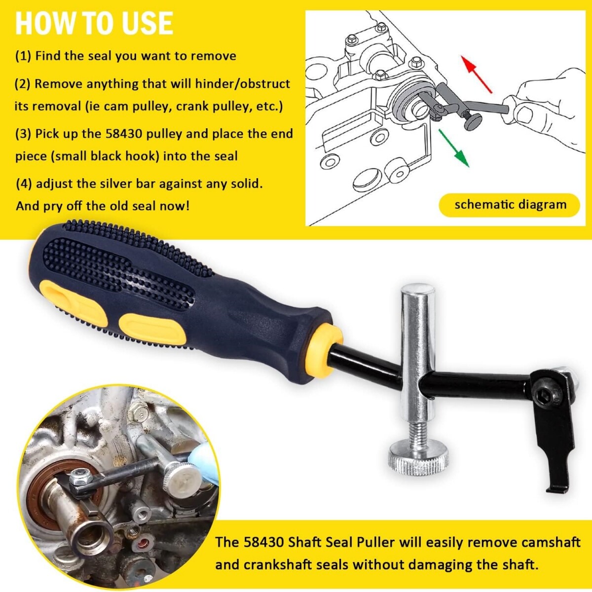 58430 Shaft Type Seal Puller W/ Spare Hook Crankshaft Camshaft Remover Tool Auto