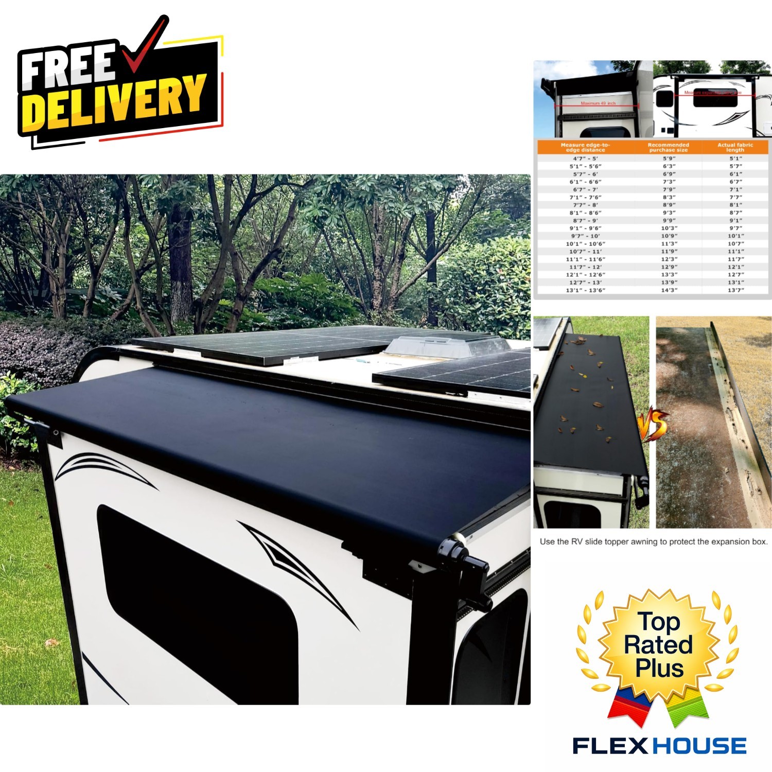 Durable RV Slide Out Awning – Complete Kit with Vinyl Fabric, 10’3” Size, BLK
