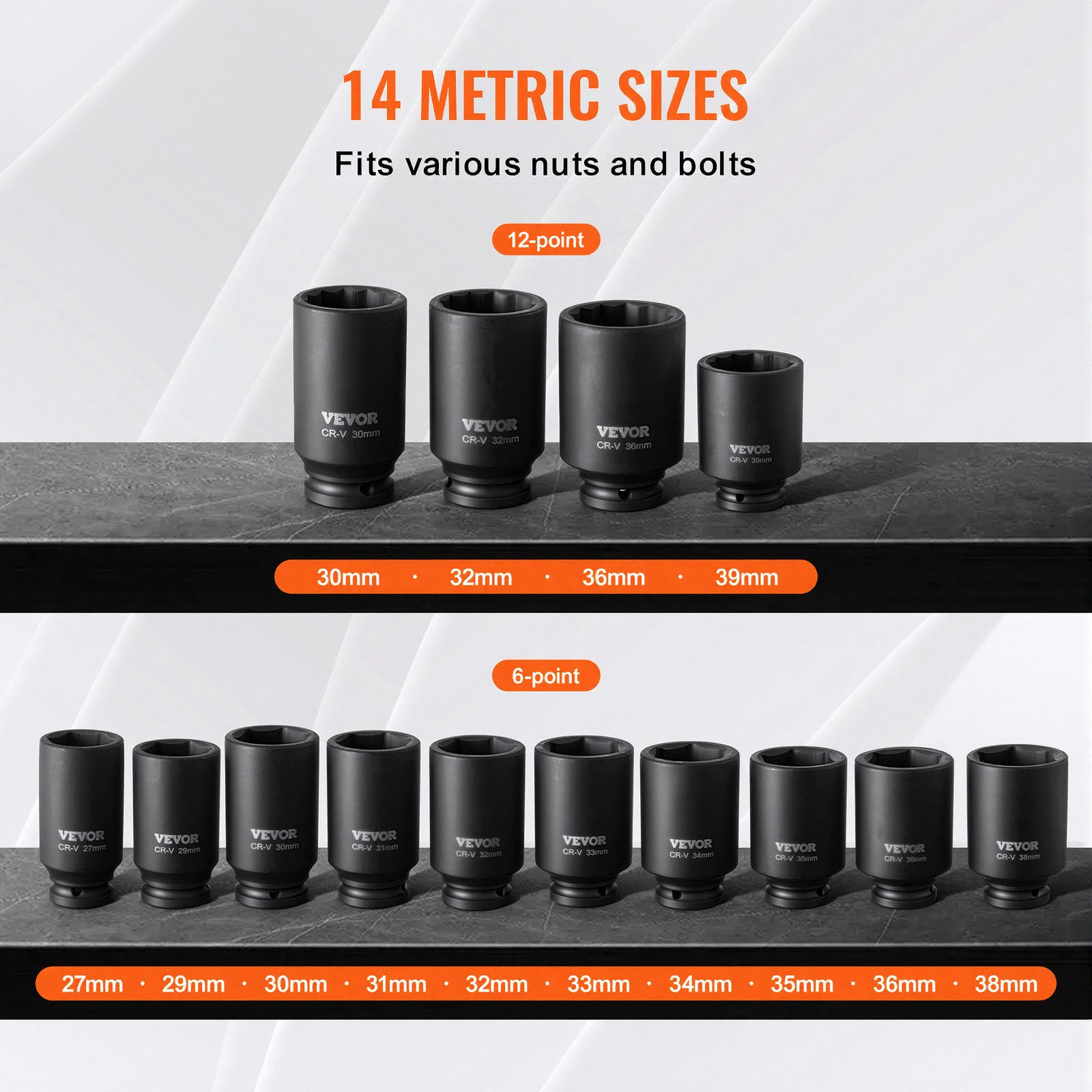 VEVOR Axle Nut Impact Socket Set 1/2″ Drive Deep 6+12-Point 14PCS Metric Socket