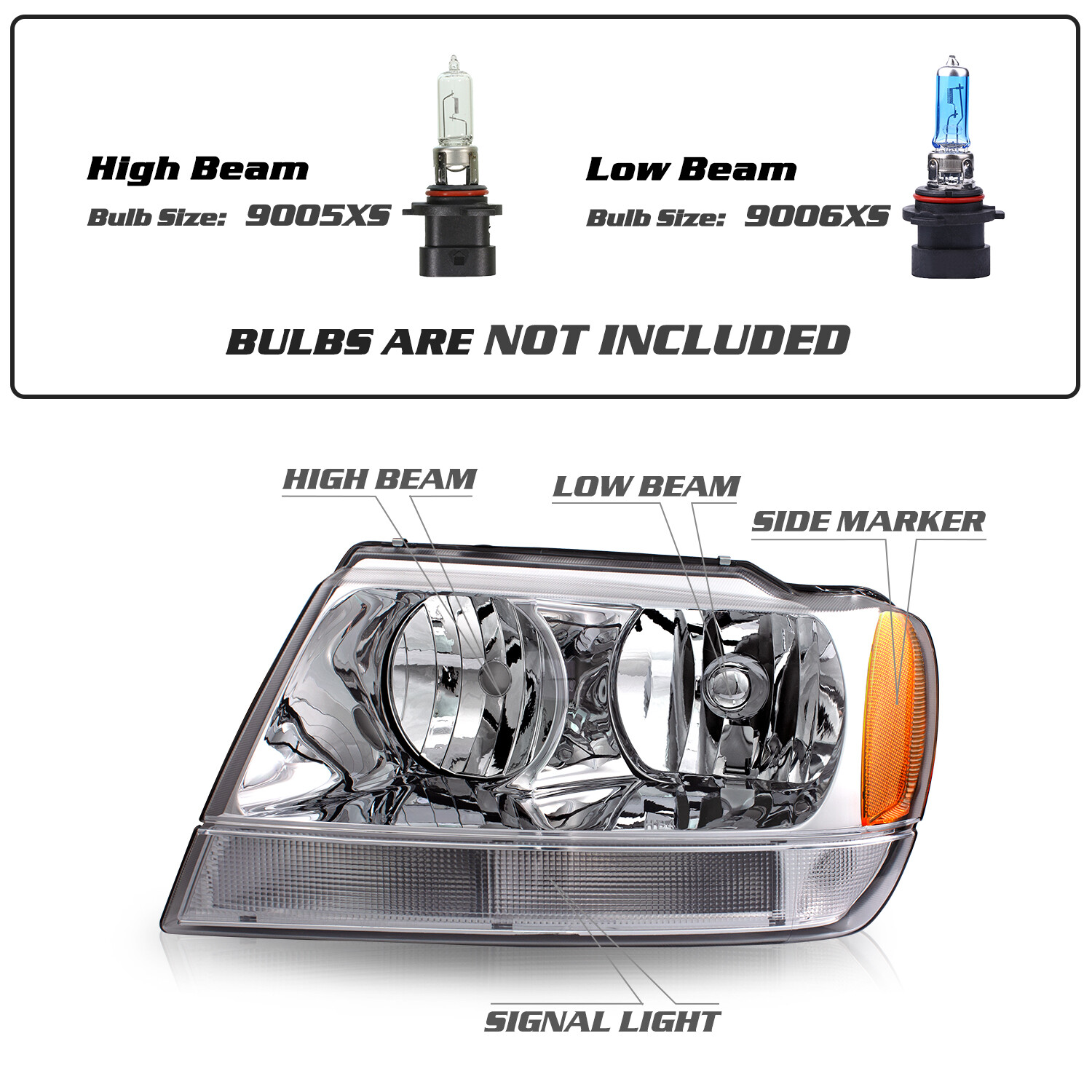 For 1999-2004 Jeep Grand Cherokee Chrome Headlights Amber Corner Headlamps Pair