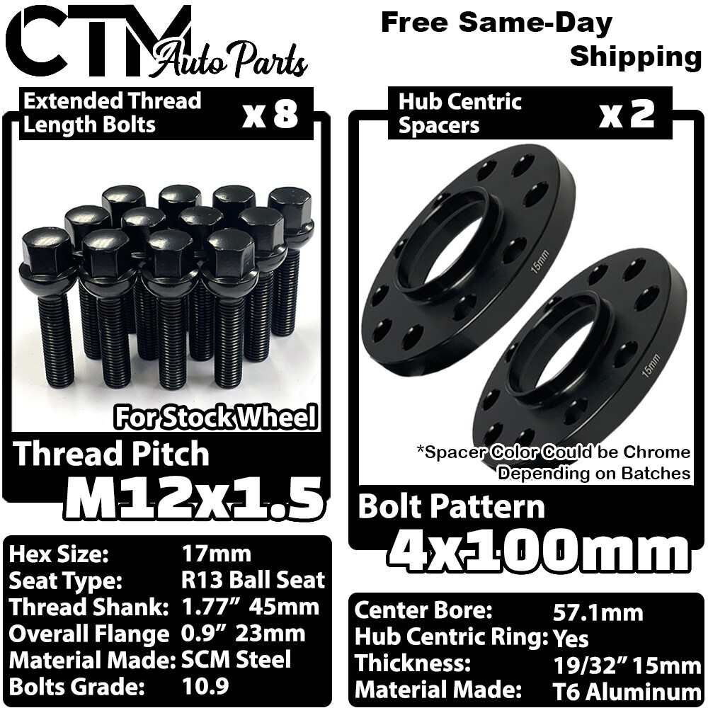 2x 15mm Thick 4×100 57.1mm CB Wheel Spacers Black 12×1.5 Ball Bolts Fit VW Audi