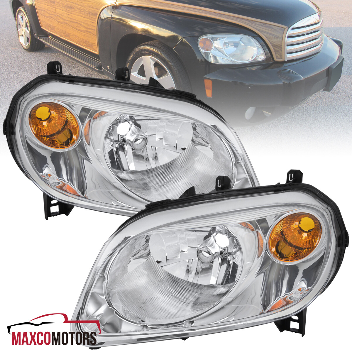 Chrome Headlights Fits 2006-2011 Chevrolet HHR Lamps Assembly Pair Set