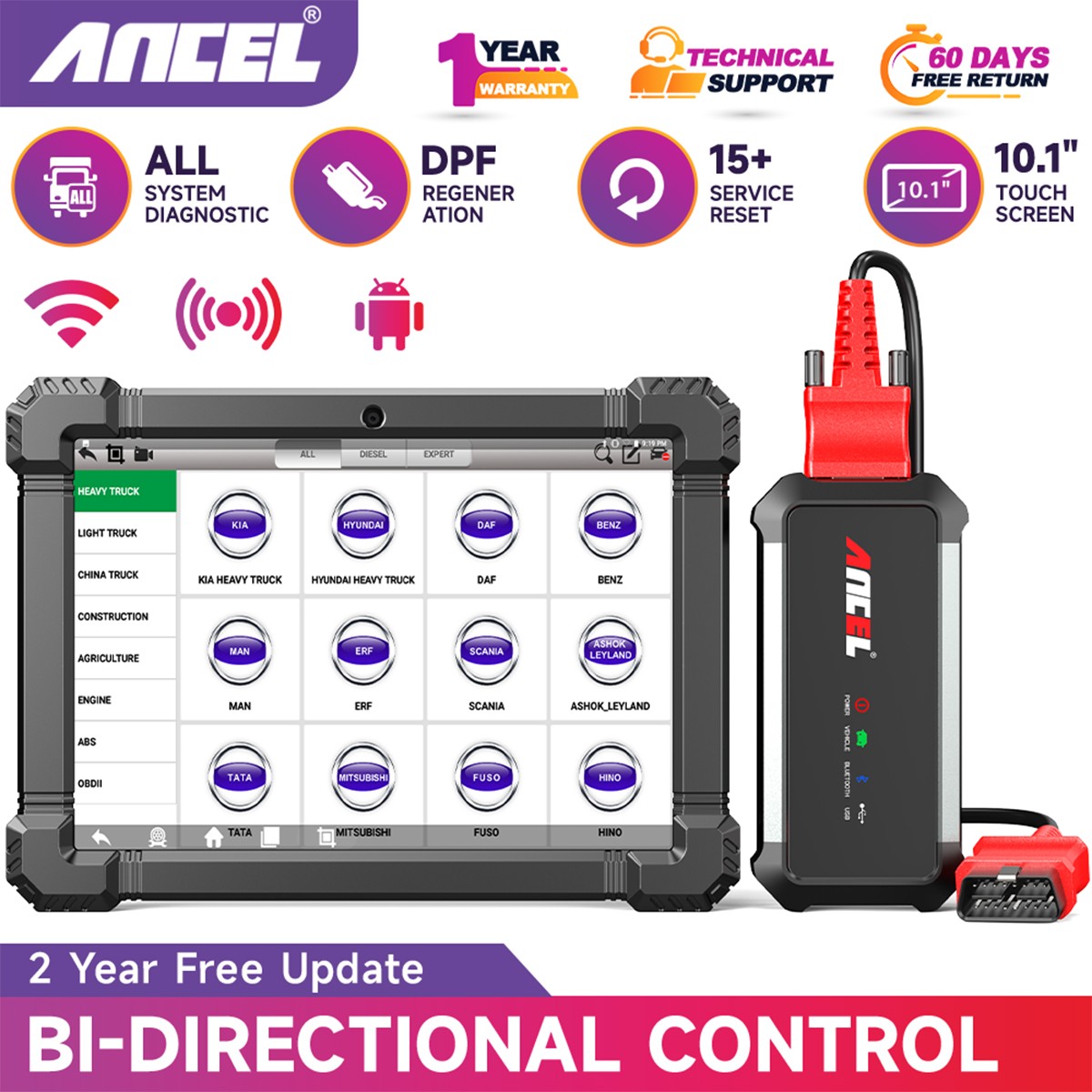 ANCEL X7 HD Heavy Duty Truck Diagnostic OBD2 Scanner DPF Regen Tool Code Reader
