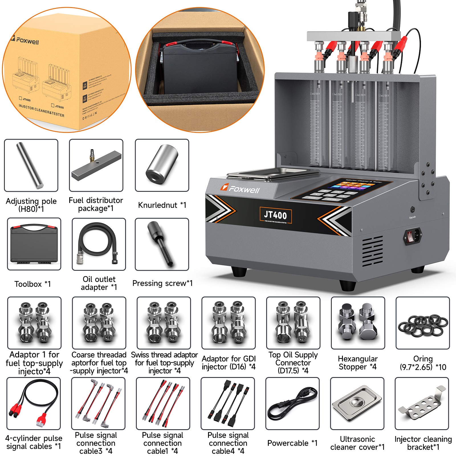 Foxwell JT400 Ultrasonic Injector Cleaner & Tester 4-Cylinder GDI For Car/Moto