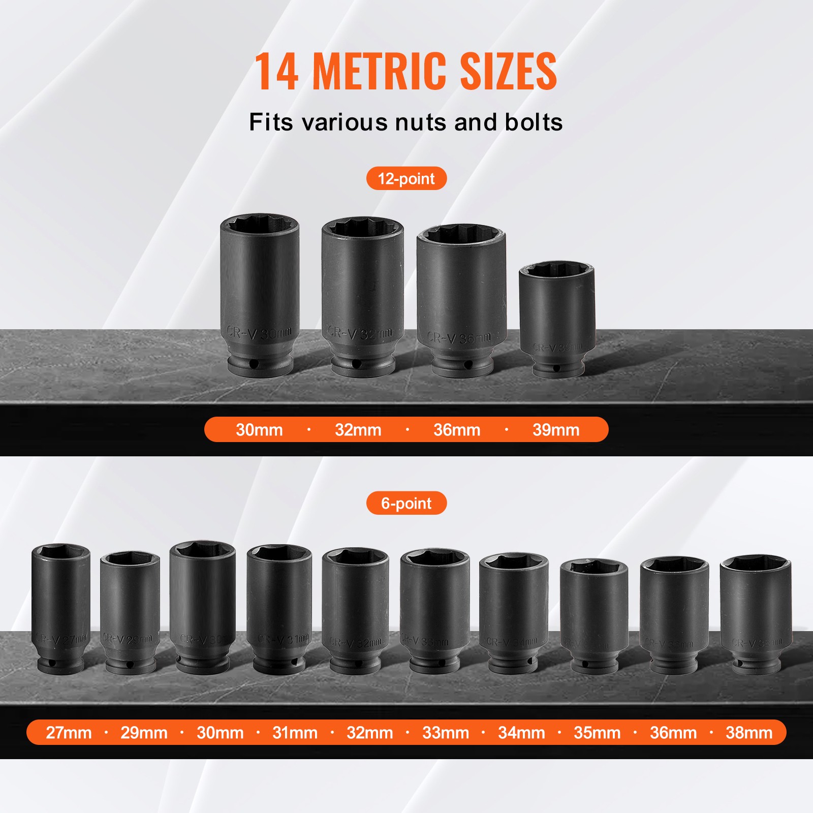 VEVOR Axle Nut Impact Socket Set 1/2″ Drive Deep 6+12-Point 14PCS Metric Socket