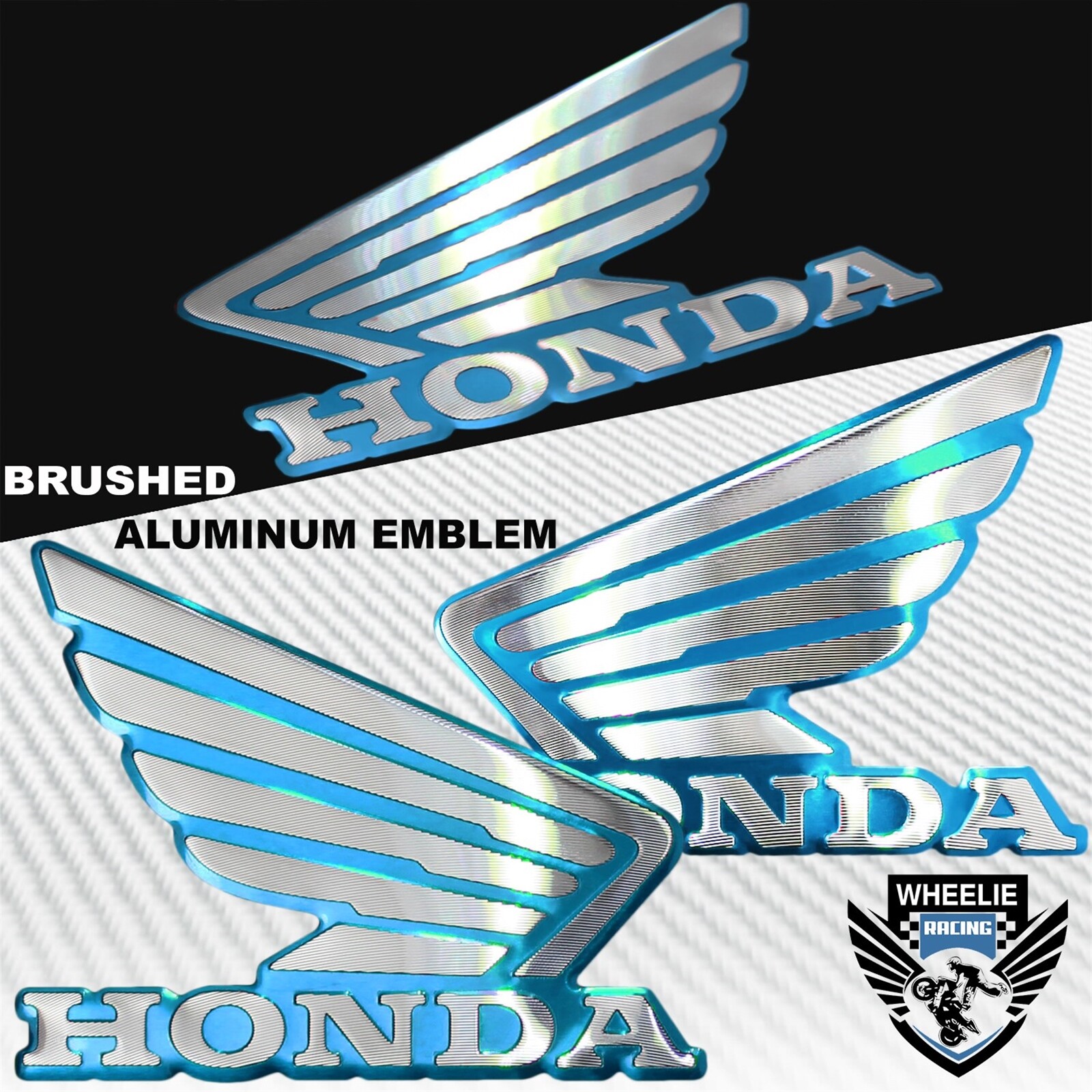 ALUMINUM METAL CYAN BLUE&CHROME HONDA WING LOGO DECAL EMBLEM TANK/FENDER STICKER