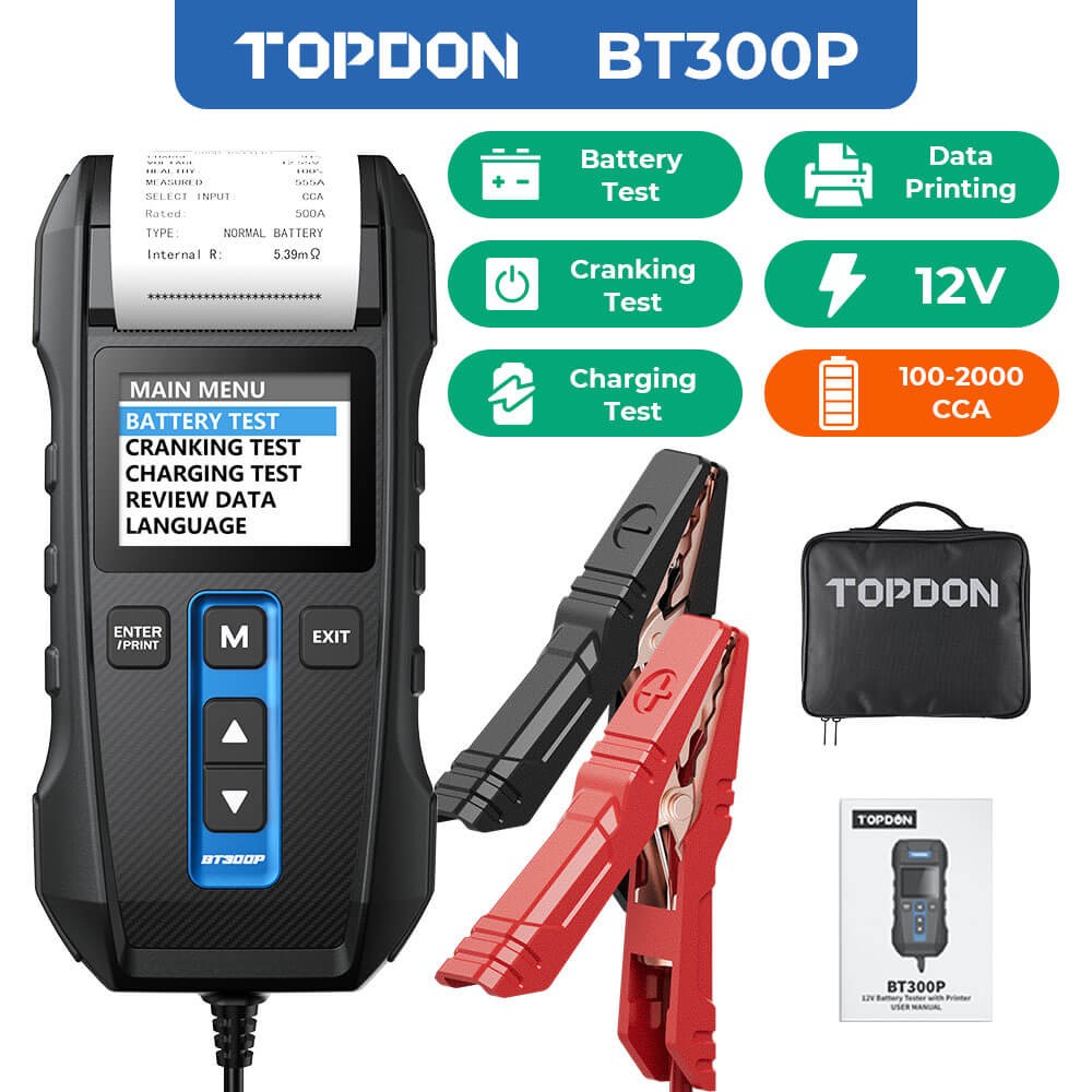 TOPDON BT600 Car Battery Tester 12/24V 100-2000CCA w/Printer 2.4” Color Screen