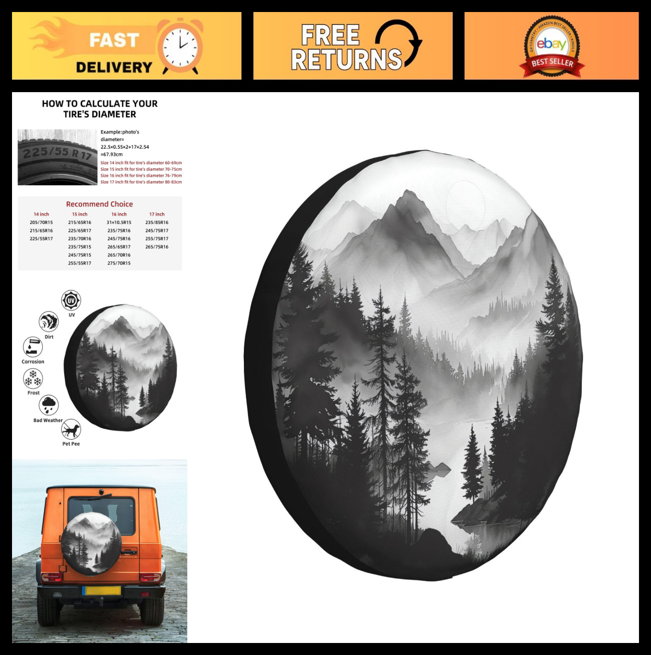 Weatherproof Spare Tire Cover – Mountain Lake Tree Design, Universal Fit 17 Inch