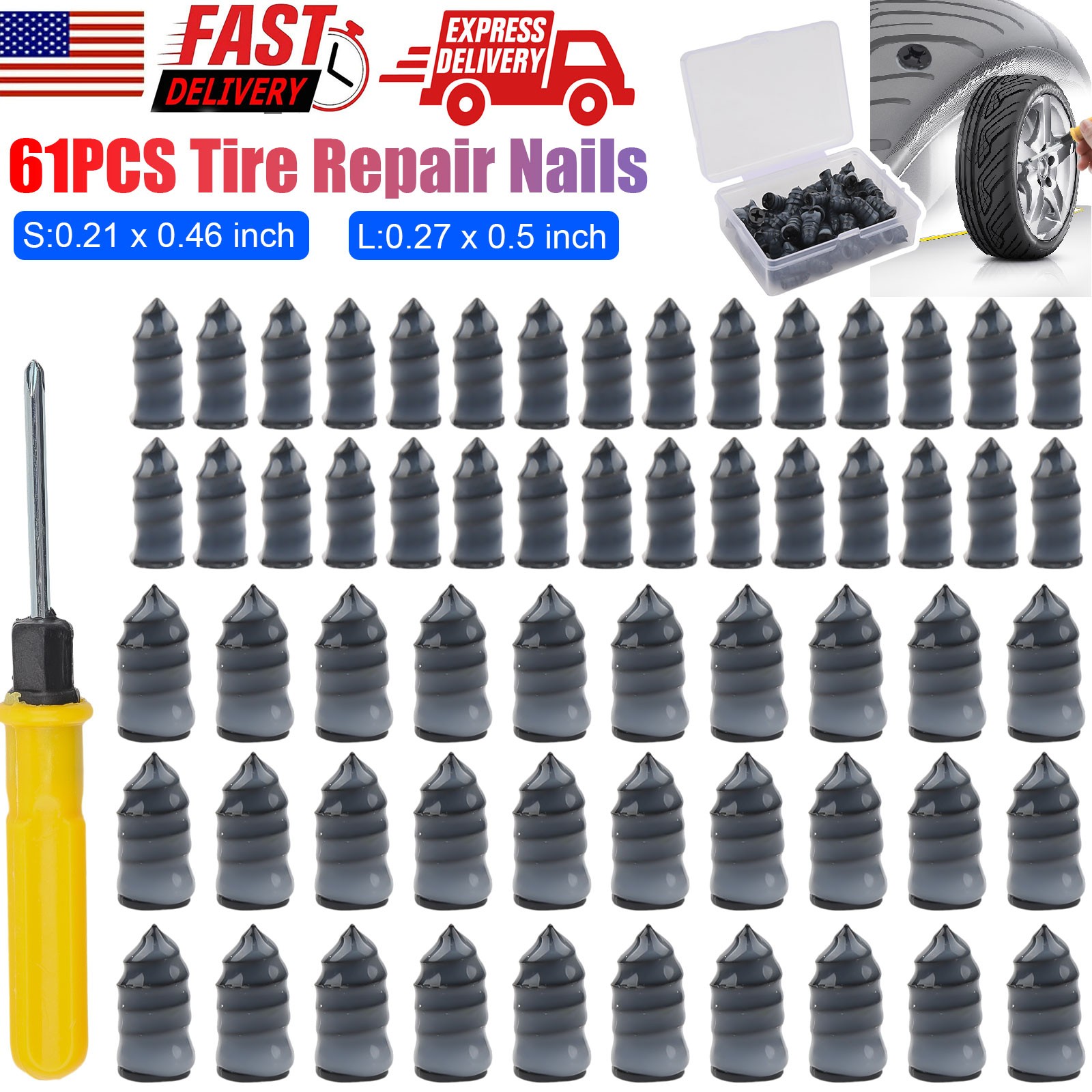 60PCS Car Vacuum Tire Repair Nail Rubber Screw Nails+ Screwdriver Tool Set w/Box