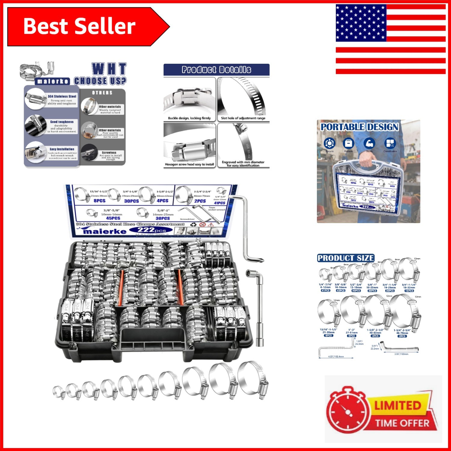 Durable 222PCS Stainless Steel Hose Clamps Kit – Versatile Sizes 1/4″ to 2-3/4″