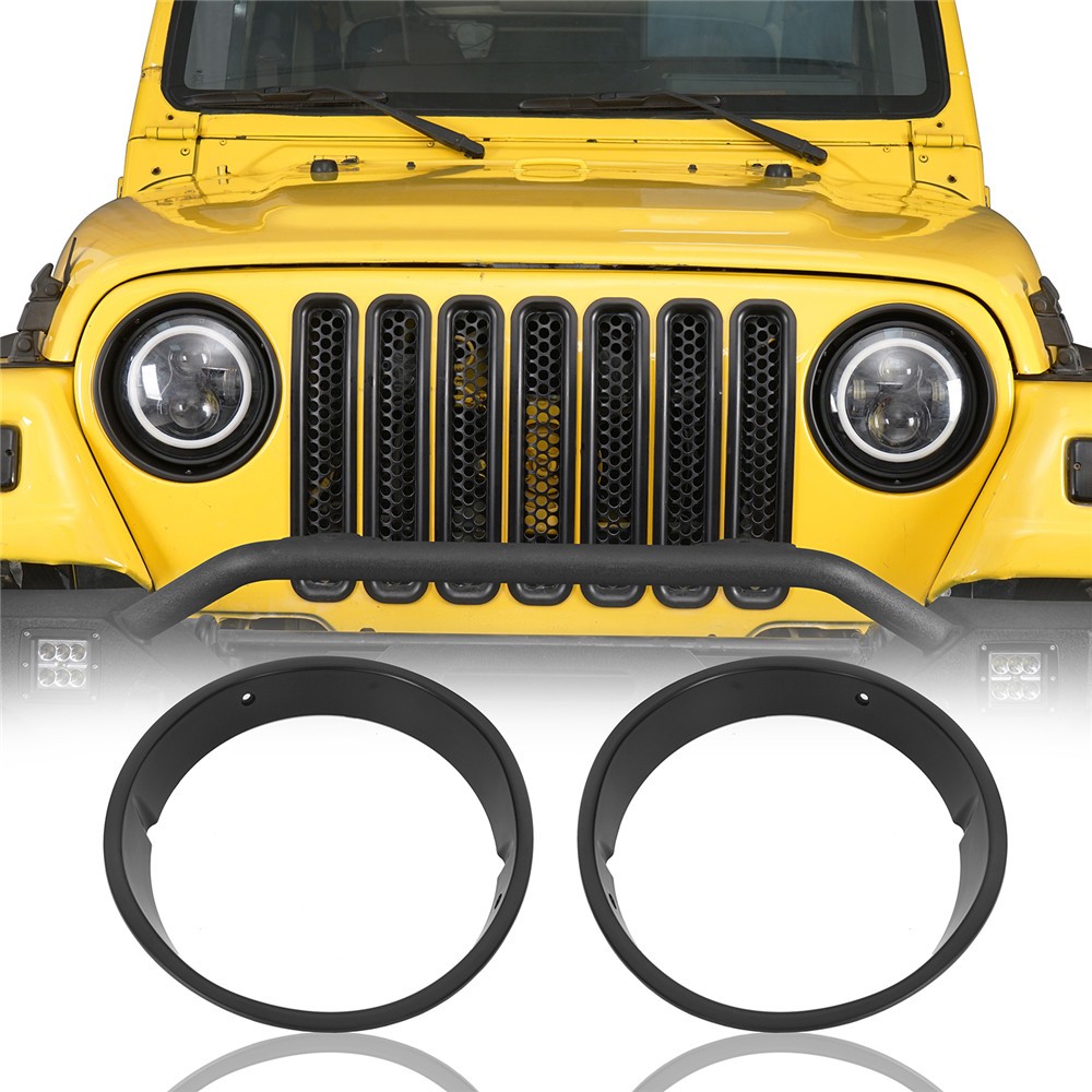 Black Headlight Trims Ring Bezels Cover Pair For 1997-2006 Jeep Wrangler TJ