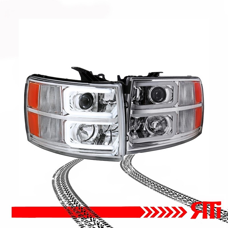 Headlights Chrome Projector Dual C LED 07-13 Chevy Silverado 1500 2500 3500 HD