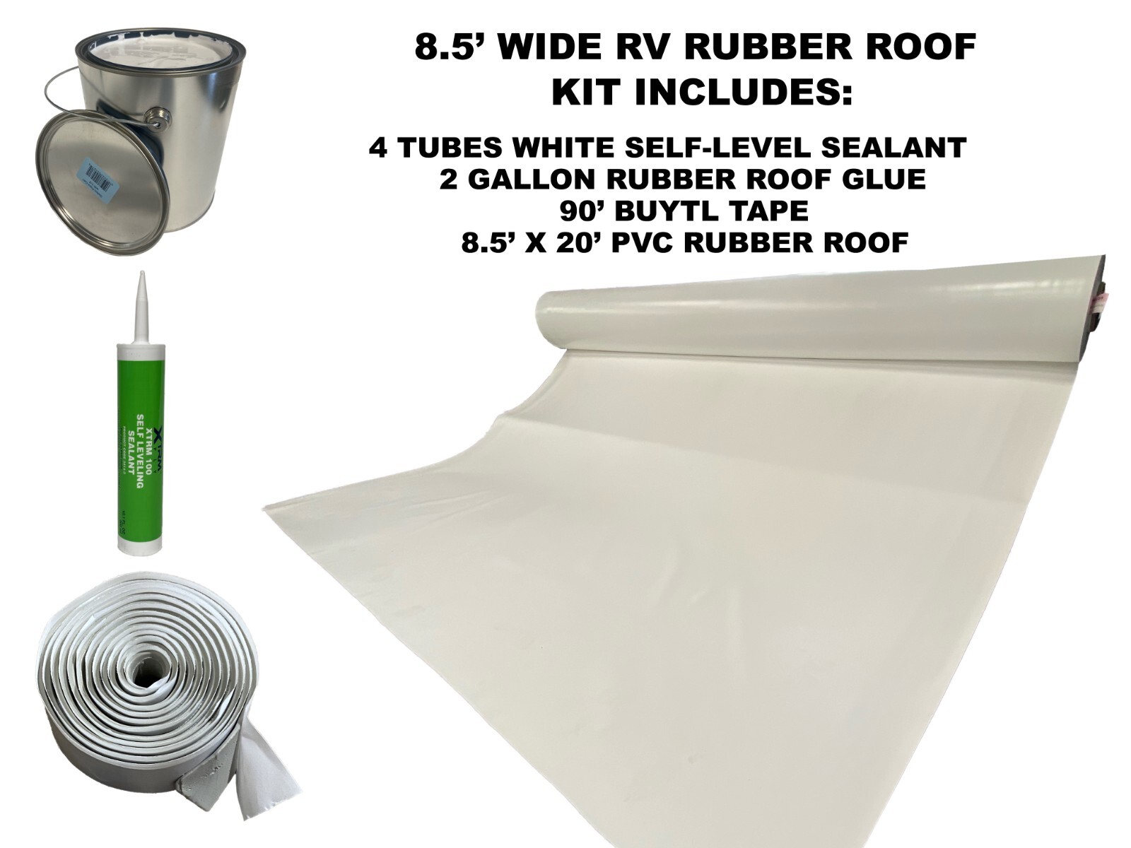 8.5′ Width x 20′ Length PVC RV Rubber Roof Installation Kit Bright White