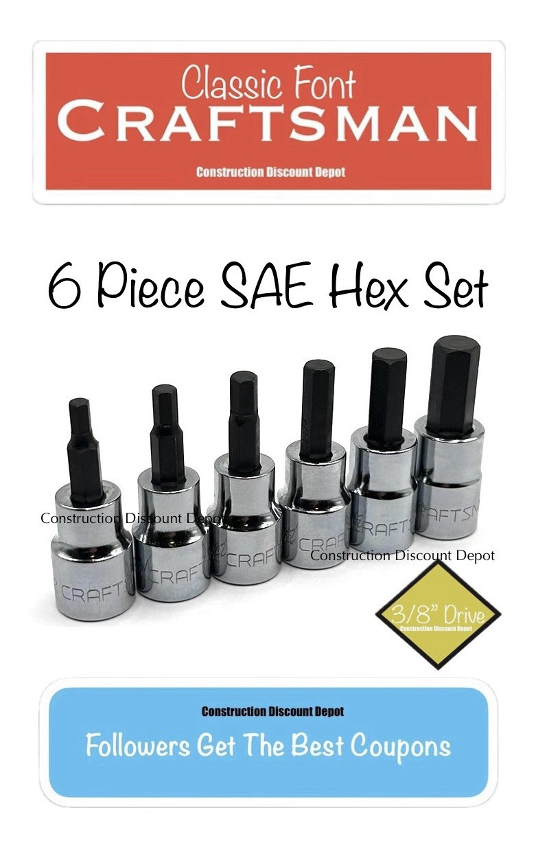 6 Piece Craftsman Standard SAE Hex Bit Allen Key Socket Set 3/8″ Drive Ratchet