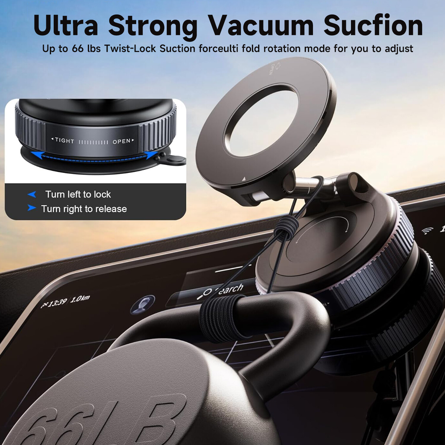 360° Adjustable Magnetic Vacuum Suction Cup Car Phone Holder Mount for MagSafe