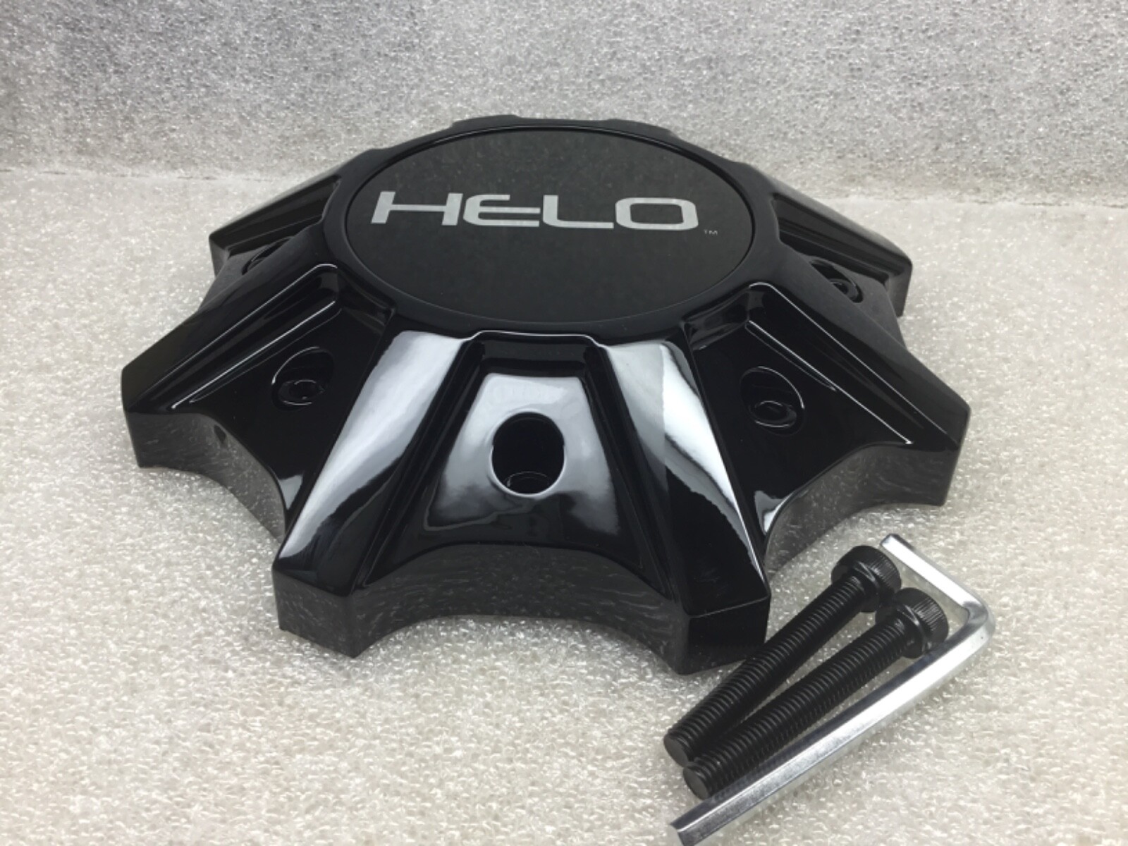 HELO HE909 Wheel Bolt On GLOSS BLACK Center Hub Cap 6256L215-B001 8.5 in dia