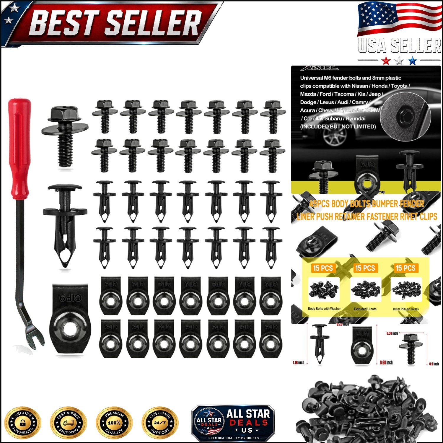 Universal Metal Fastener Clips Set – 45PCS for Engine Covers and Fender Liners