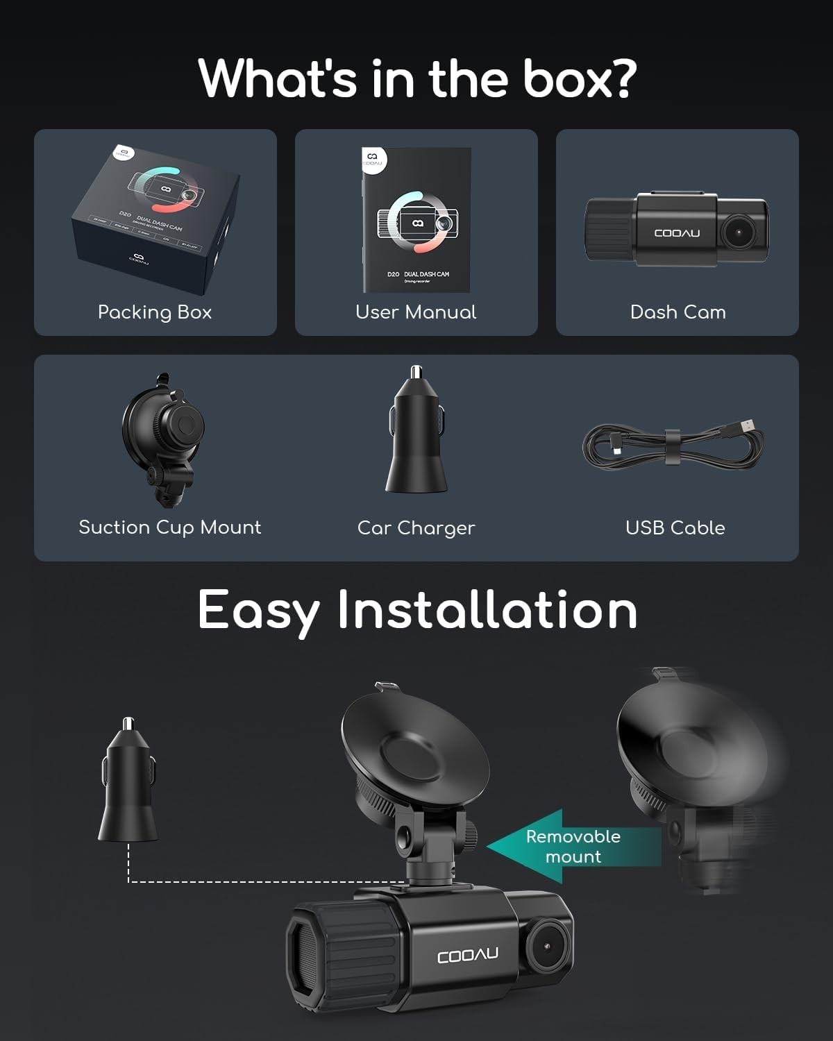 COOAU Dual Dash Camera 1080P Dash Cam Front and Inside, Built-in GPS and WiFi