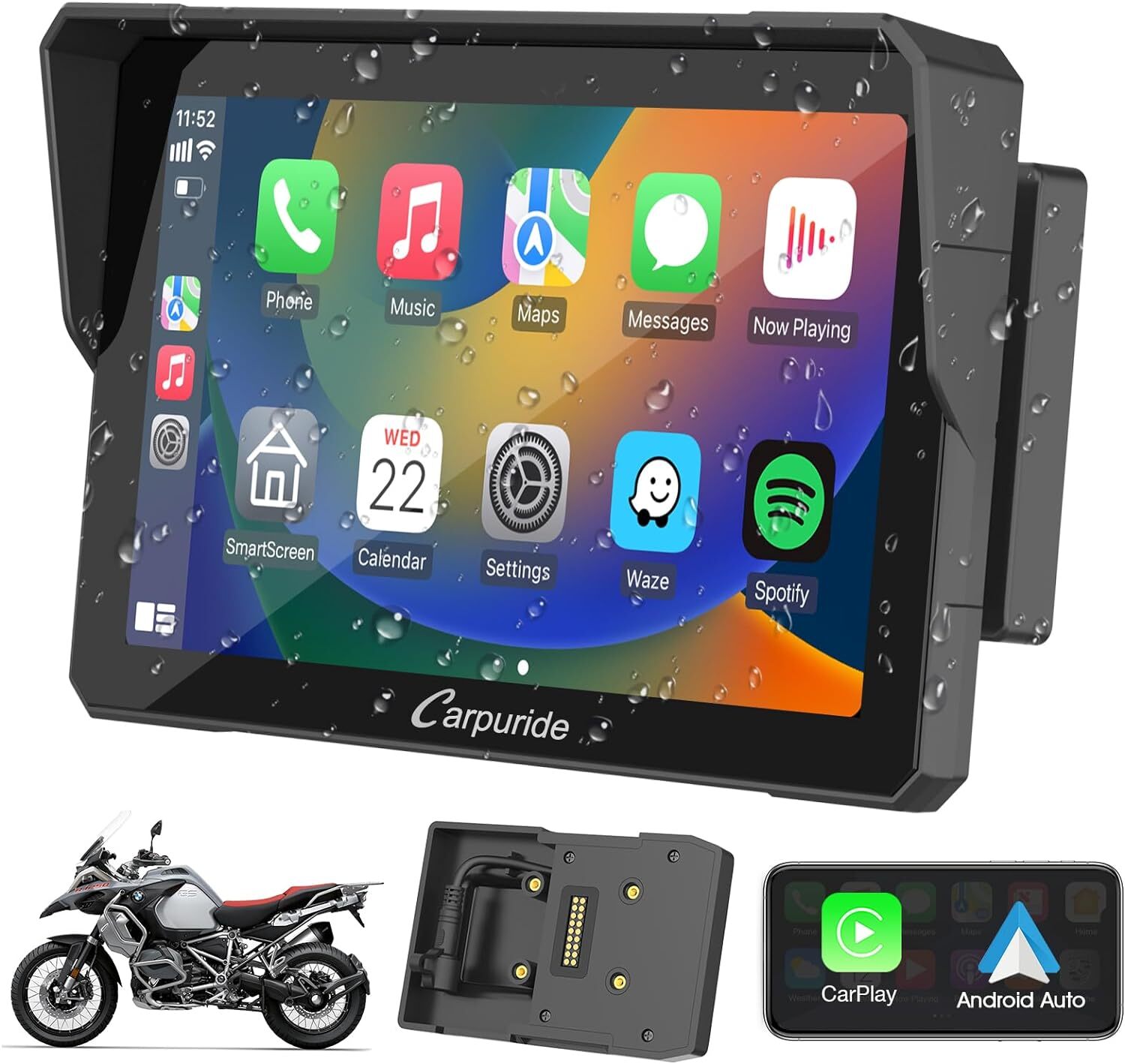 Carpuride W502B Carplay Android Auto Waterproof Touchscreen GPS Navigation Moto