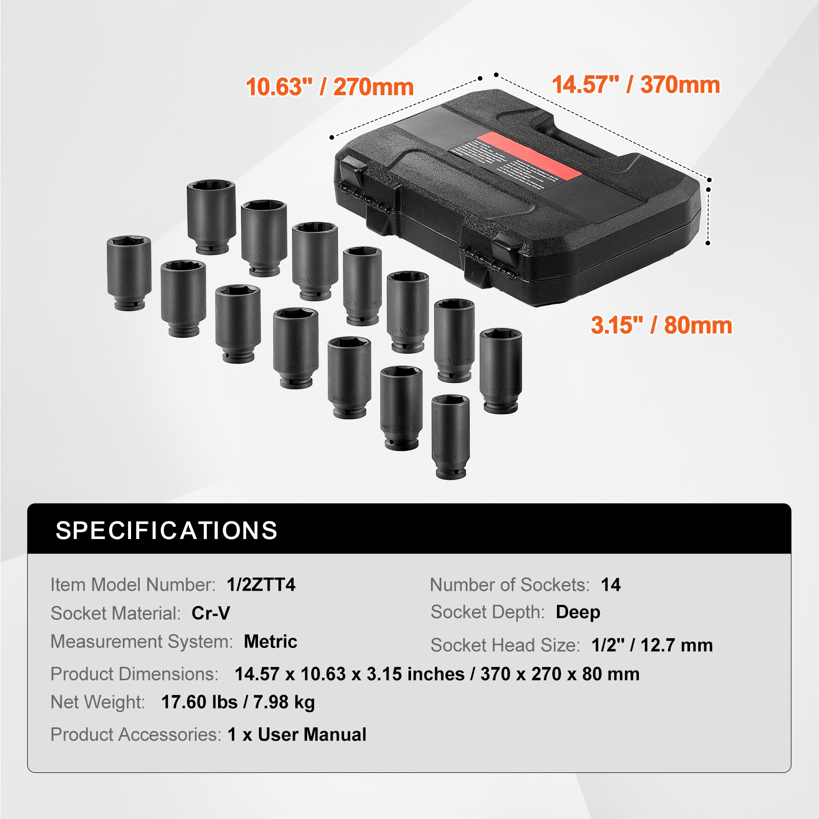 VEVOR Axle Nut Impact Socket Set 1/2″ Drive Deep 6+12-Point 14PCS Metric Socket