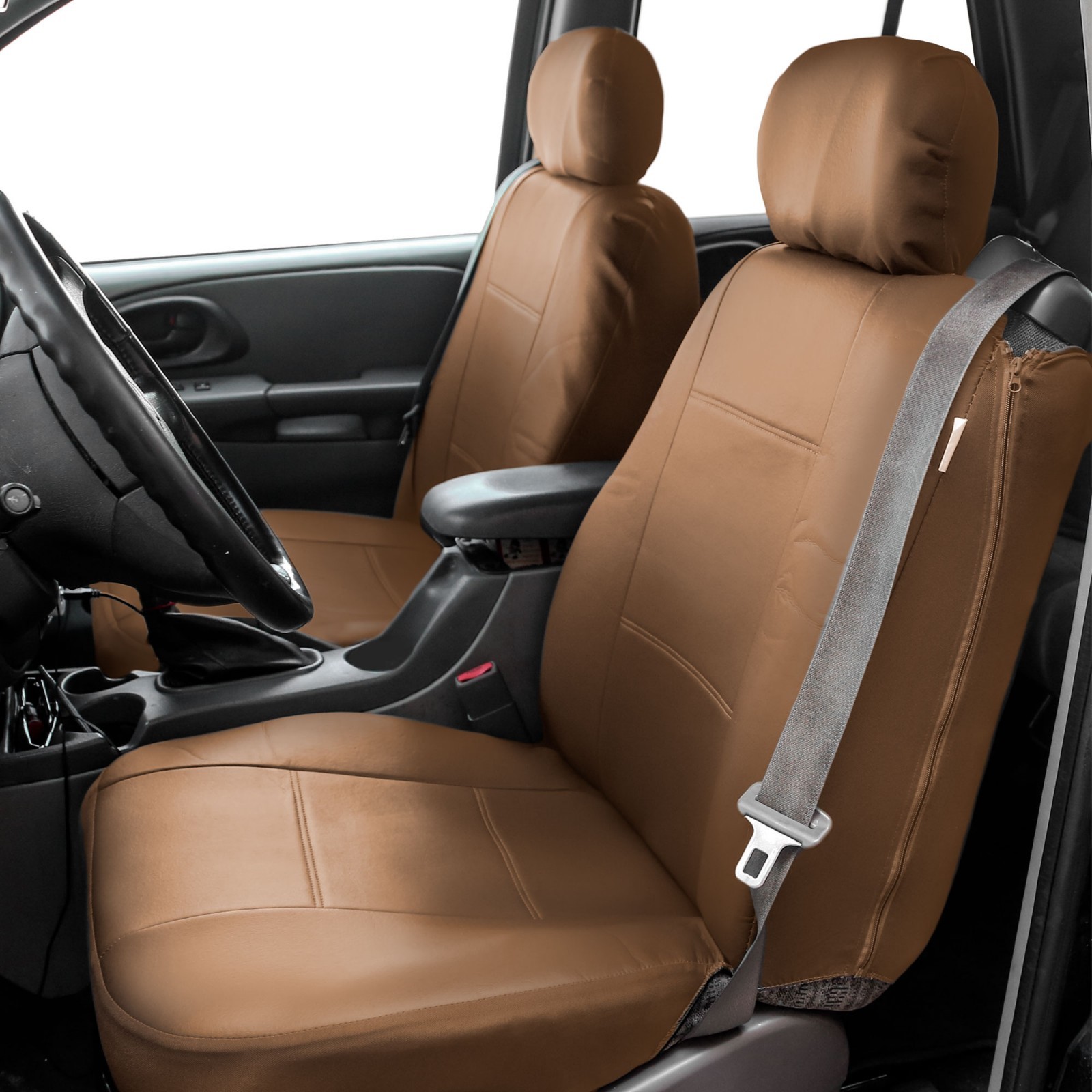 Front Bucket Seat Covers for Built-in Seatbelt Auto Car Sedan SUV 1 Pair Tan