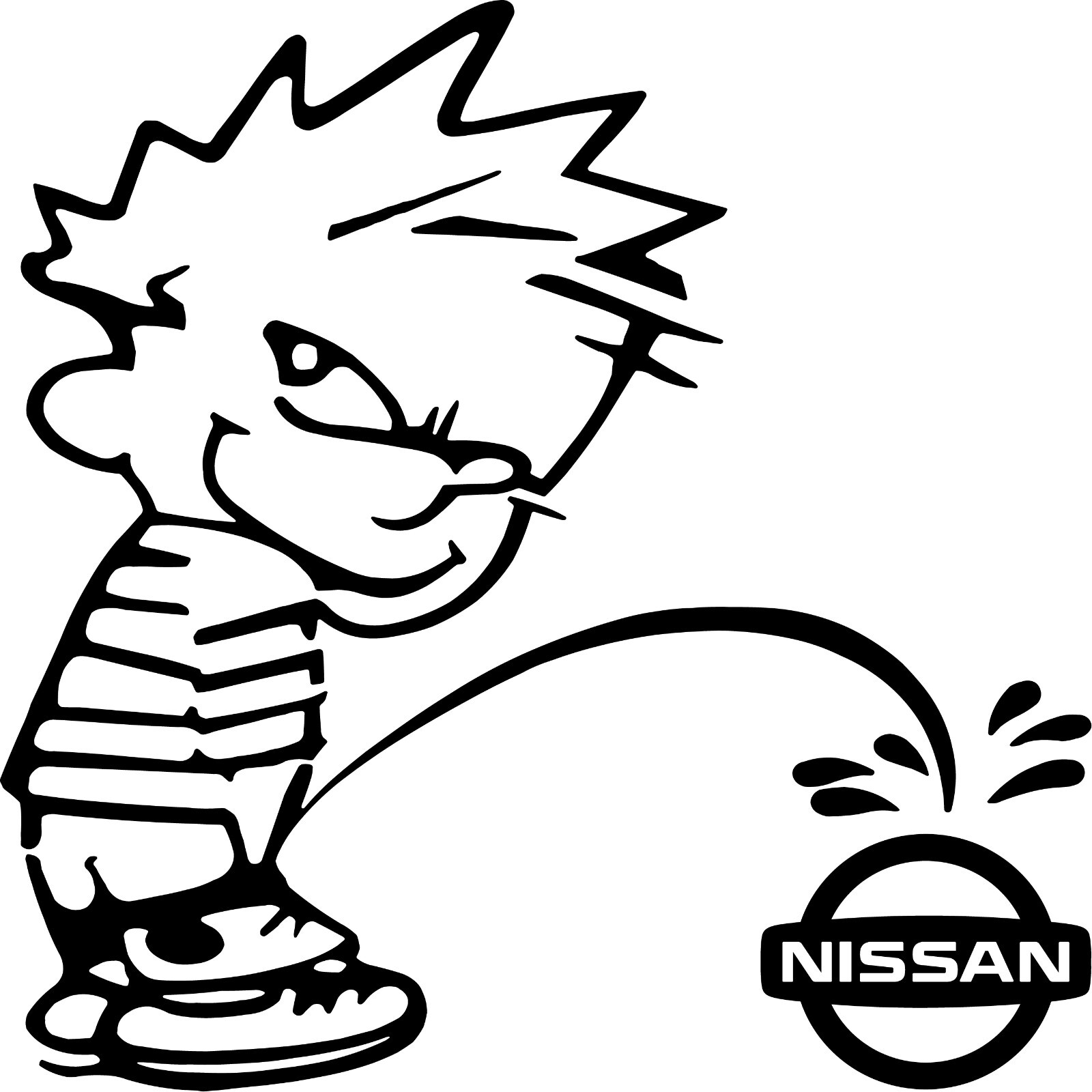 Calvin Peeing on Nissan Logo Vinyl Decal Multiple Colors and Sizes
