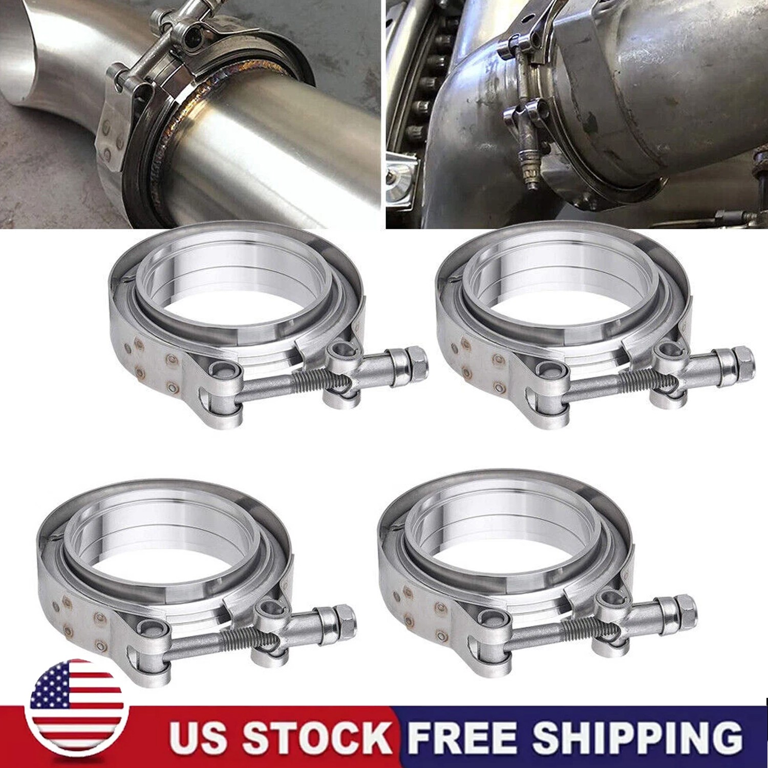 3″ Inches V-Band Flange&Clamp Kit Male/Female With Ridge Exhaust Stainless 4 Pcs
