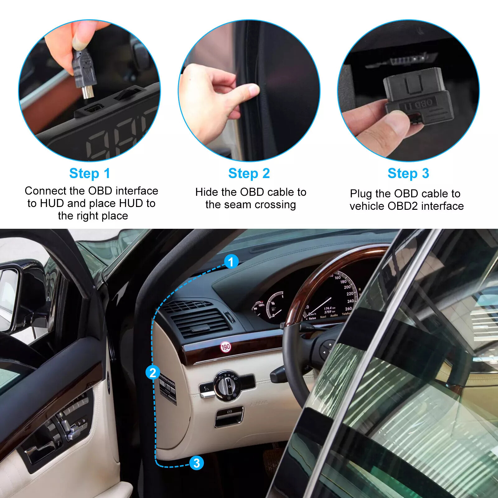 Car OBD2 HUD Head Up Display Digital Speedometer MPH KMH Compass Overspeed Alarm