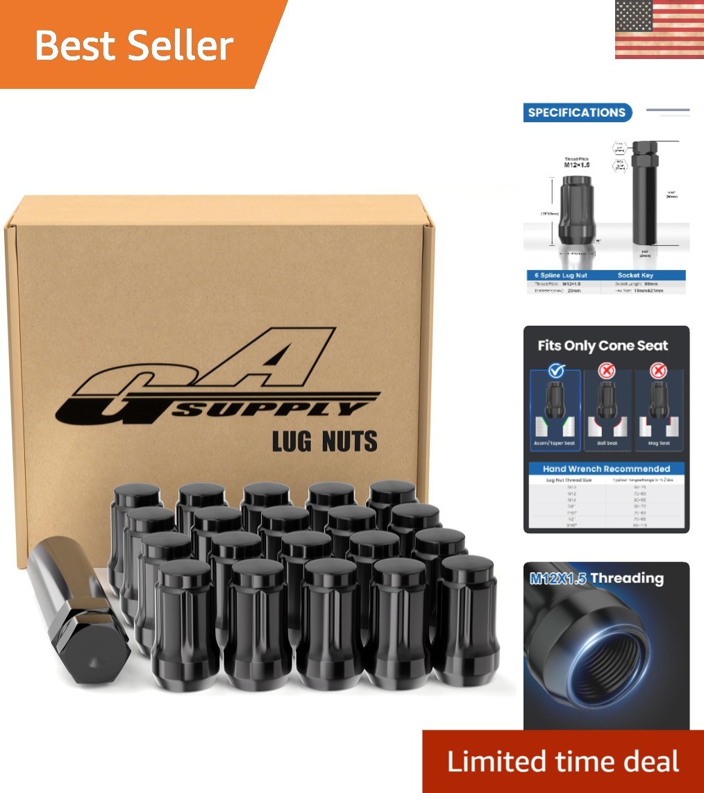 M12x1.5 Closed End Acorn Lug Nuts Set – 20pcs + Socket Key, High-Quality Steel