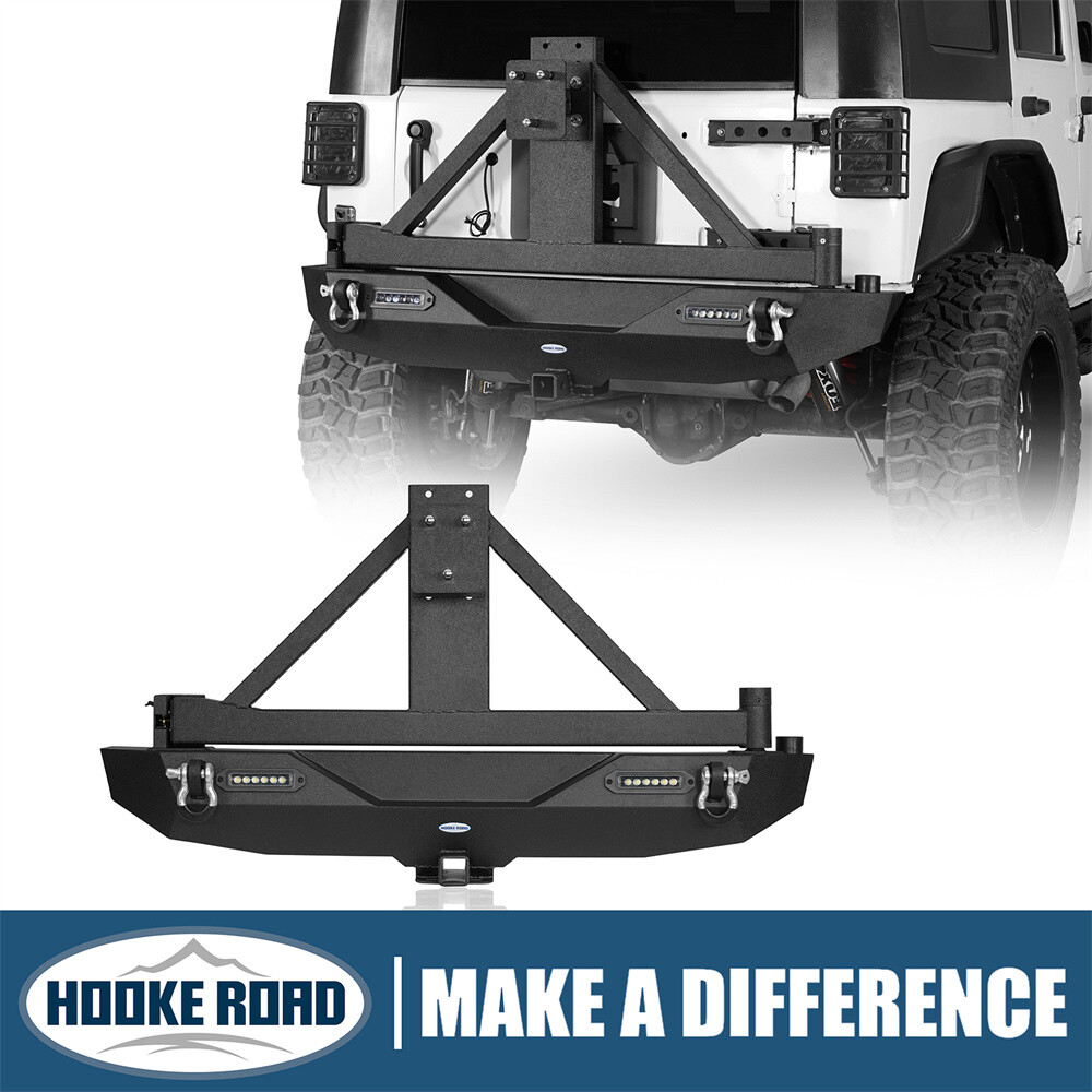 Hooke Road Fit 07-18 Jeep Wrangler JK Rear Bumper w/ Tire Carrier Light Tow Hook