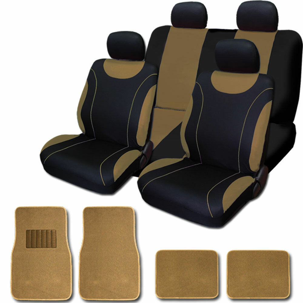 For Ford New Flat Cloth Black and Tan Car Seat Covers Floor Mats Set
