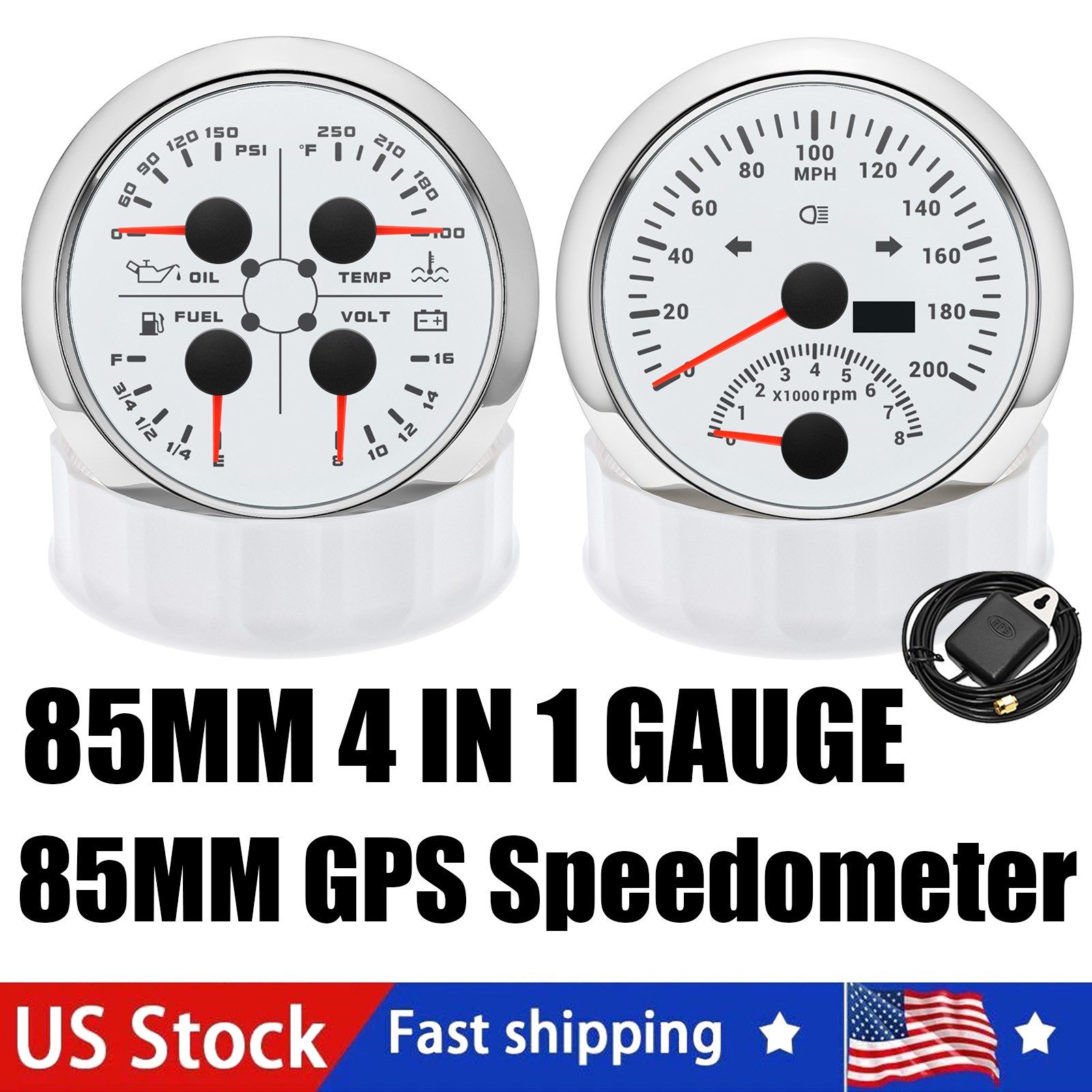 2 Gauge Set 85mm GPS Speedometer 200MPH/Tacho & 4 IN 1 Multifunctional Gauge US