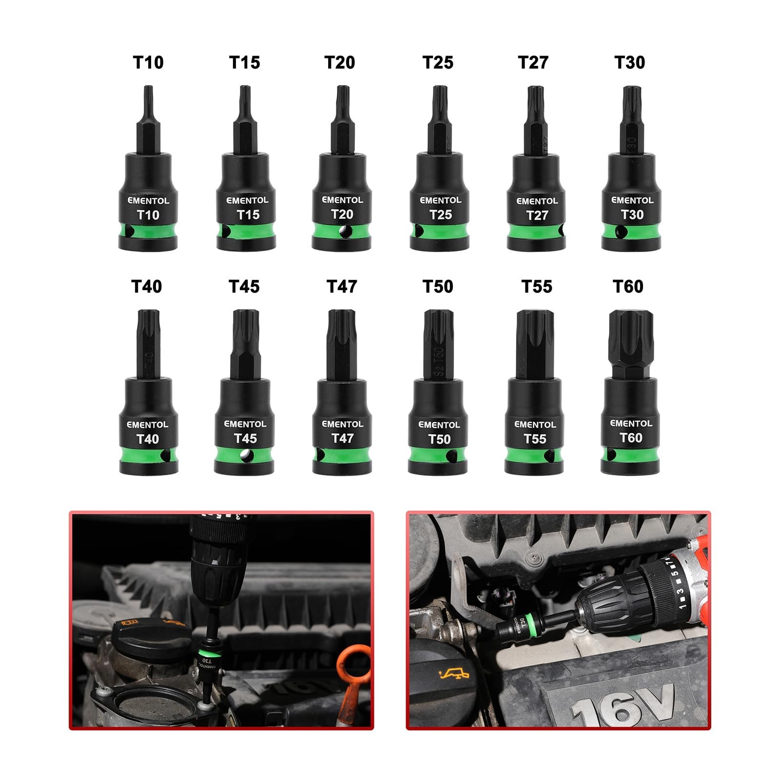 24PCS Extra Long Torx Bit Socket Set 3/8″ Drive T10-T60, Cr-V & S2 Steel