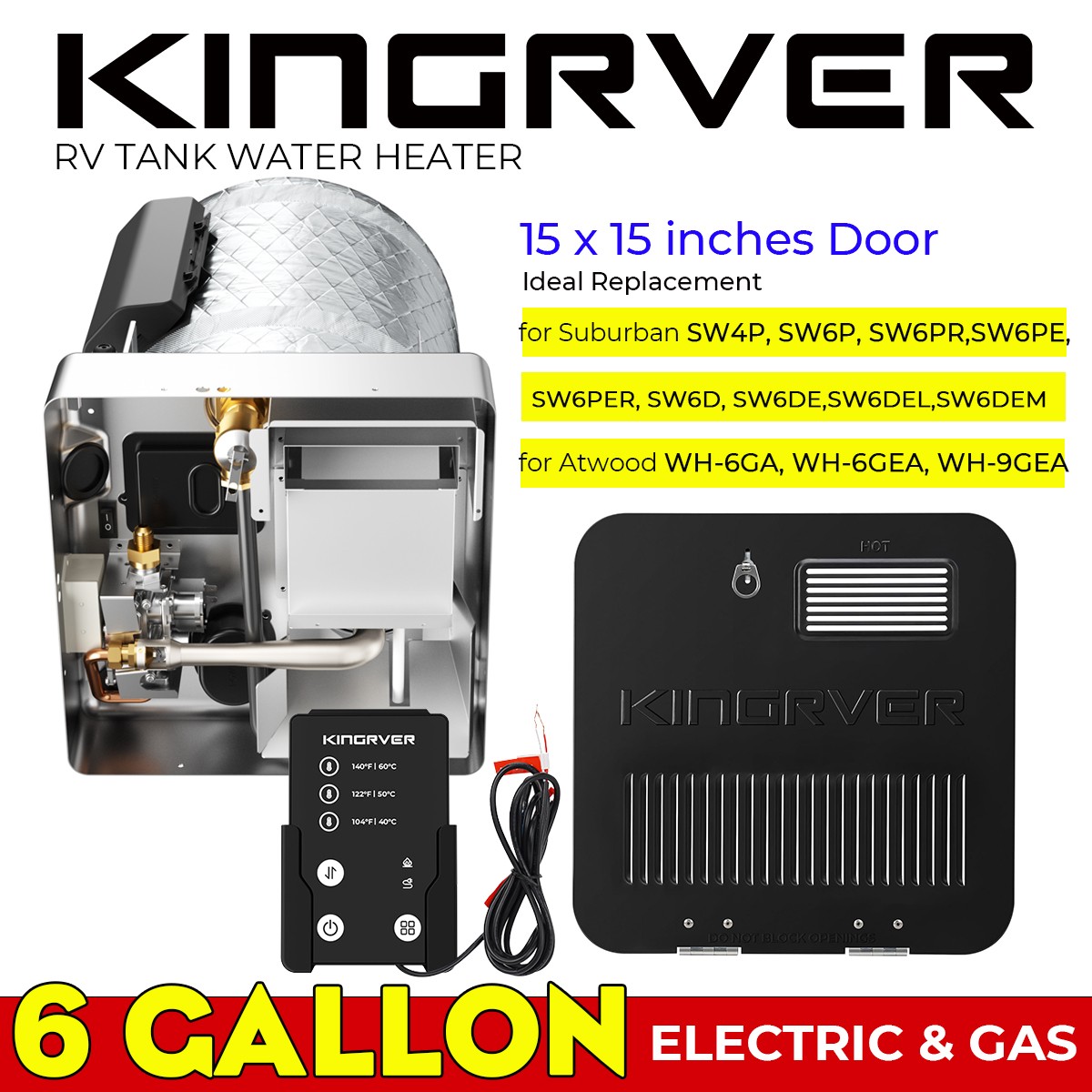 RV Water Heater Gas & Elec 6 Gallon Tank + 15×15 Door Replace Suburban & Dometic