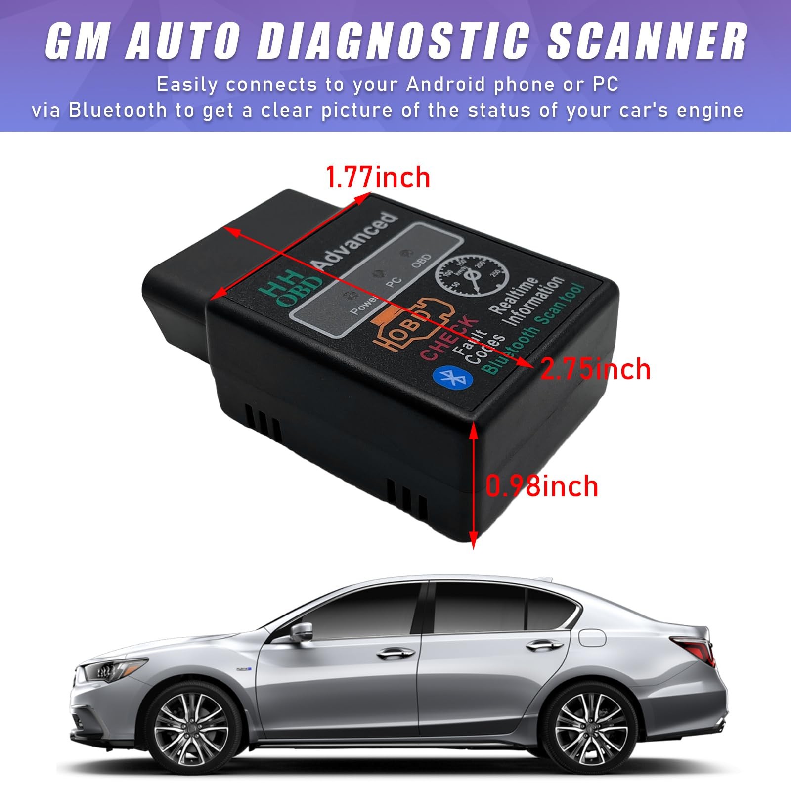 Dickno Bluetooth OBD2 Scanner for Car, Wireless 2.75×1.77×0.98 inches, Black