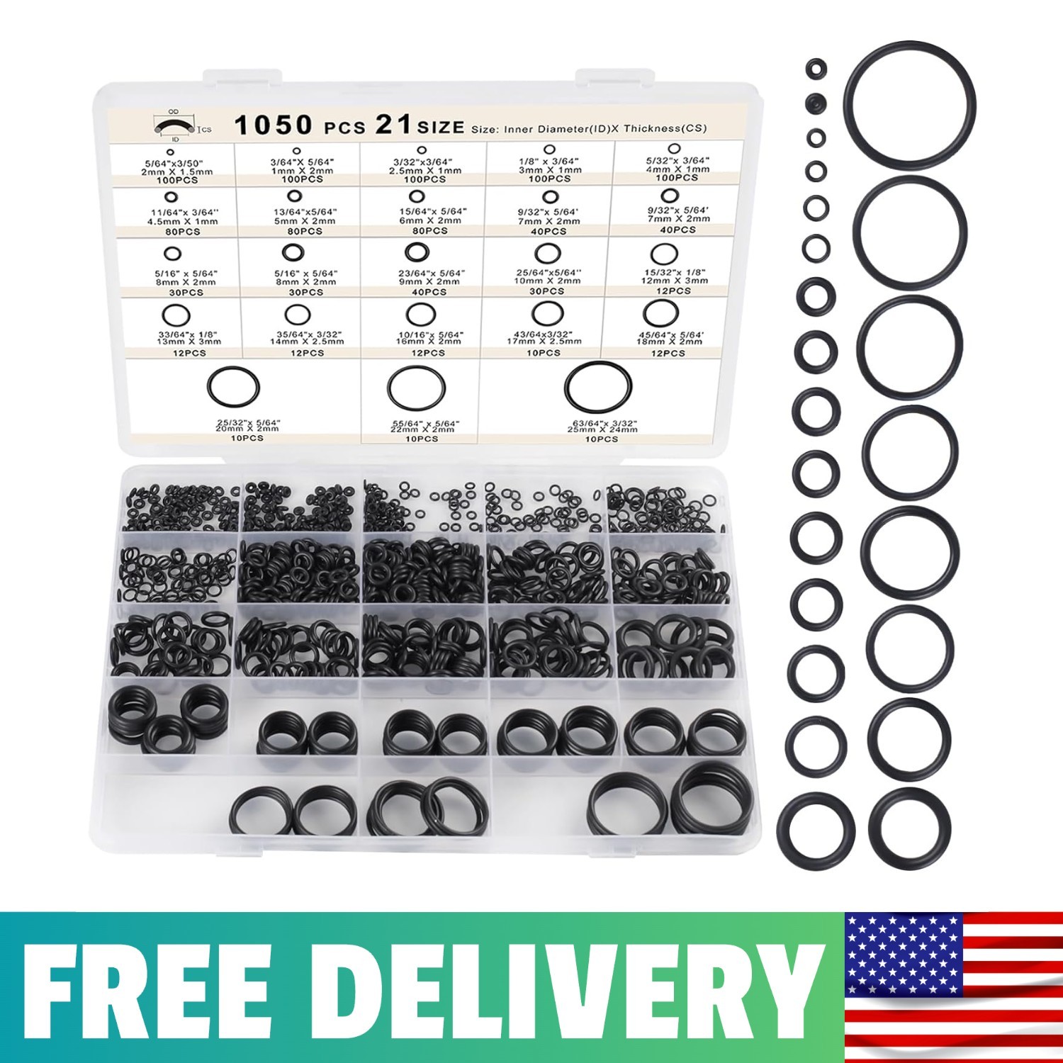 O Ring Kit 1050 PCS, O Ring Assortment Kit 21 Size, Metric Nitrile Rubber O