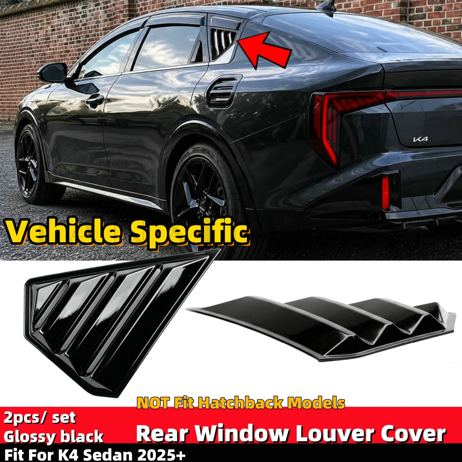 Glossy Black Rear Window Shutter Louvers Cover Trim For KIA K4 Sedan 2025-2027