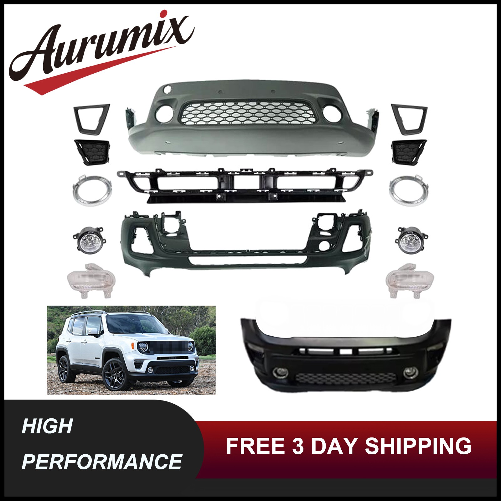 Fits 2019-2023 Jeep Renegade Complete Front Bumper Cover Kit W/Grille Fog Lights