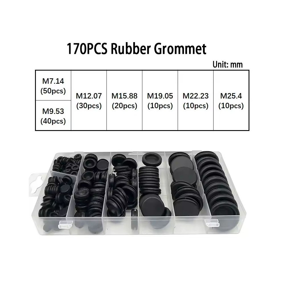 170Pcs 7 Sizes Rubber Grommet Kit Electrical Wire Gasket Solid Hole Plugs Repair