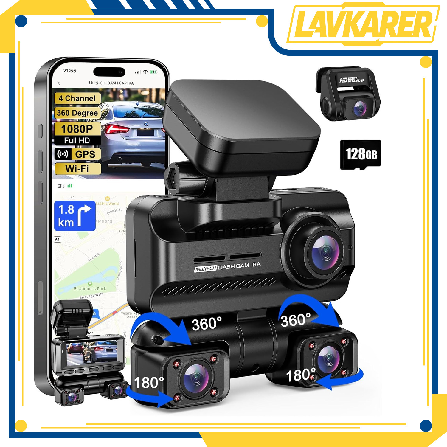 Dash Camera 4K Front Rear Inside DashCam Built-In WiFi & GPS, WDR Night Vision