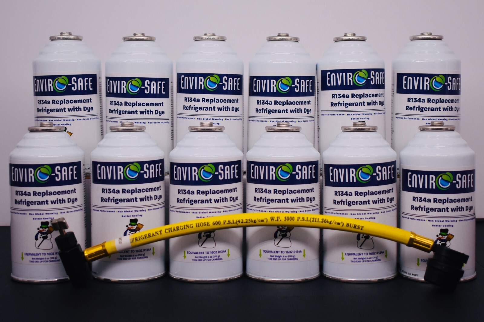 R134a Replacement Refrigerant with dye, 12 CANS, Economy Hose.